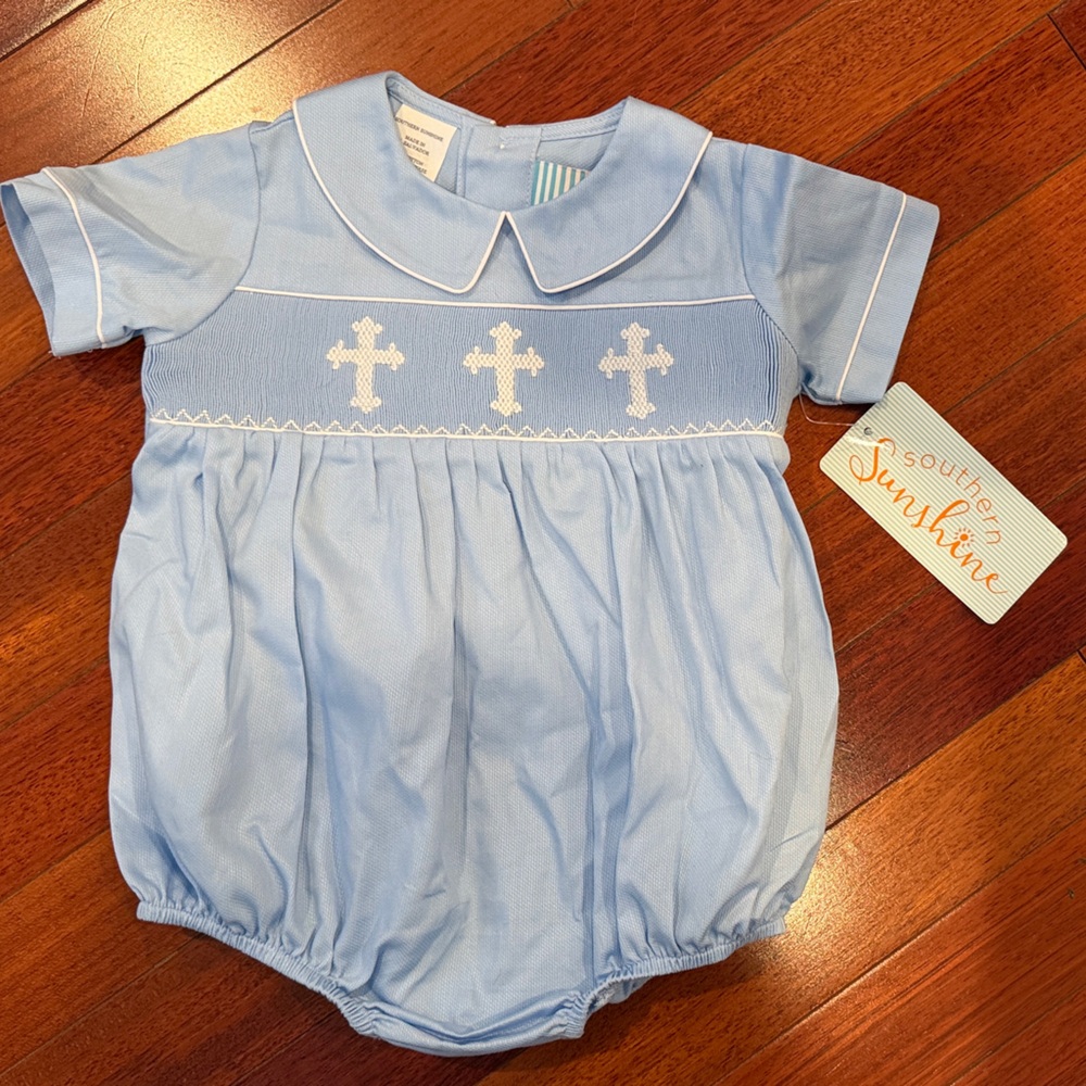 Blue Baby Romper with Cross Embroidery